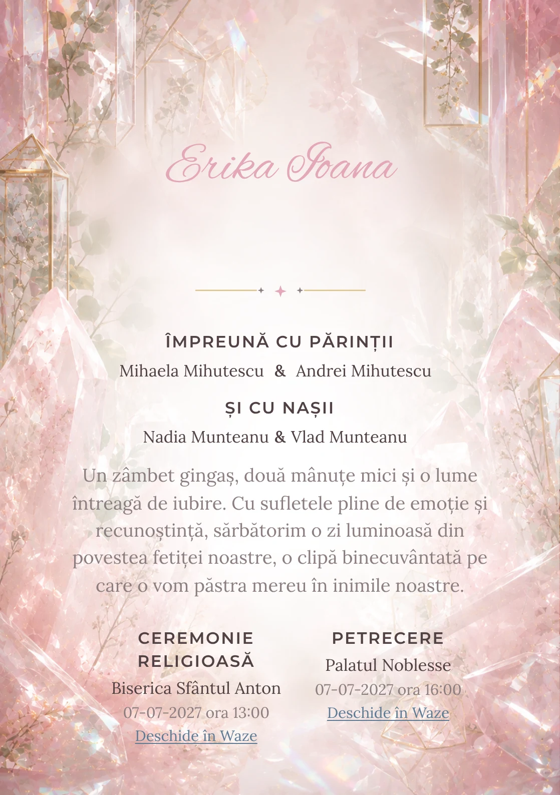 Grădina de Cuarț, pentru o invitație digitală, evidențiază un grup de cristale roz, alături de prisme.