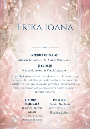 Grădina de Cuarț, pentru o invitație digitală, evidențiază un grup de cristale roz, alături de prisme.