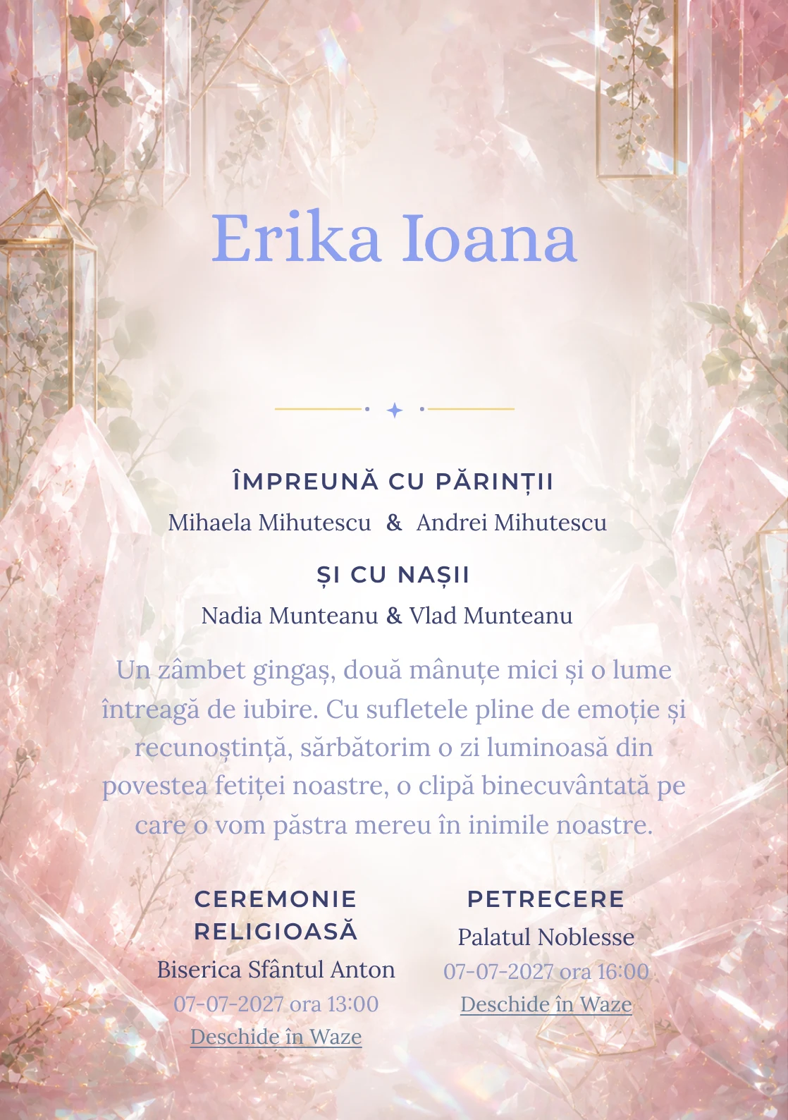 Grădina de Cuarț, pentru o invitație digitală, evidențiază un grup de cristale roz, alături de prisme.