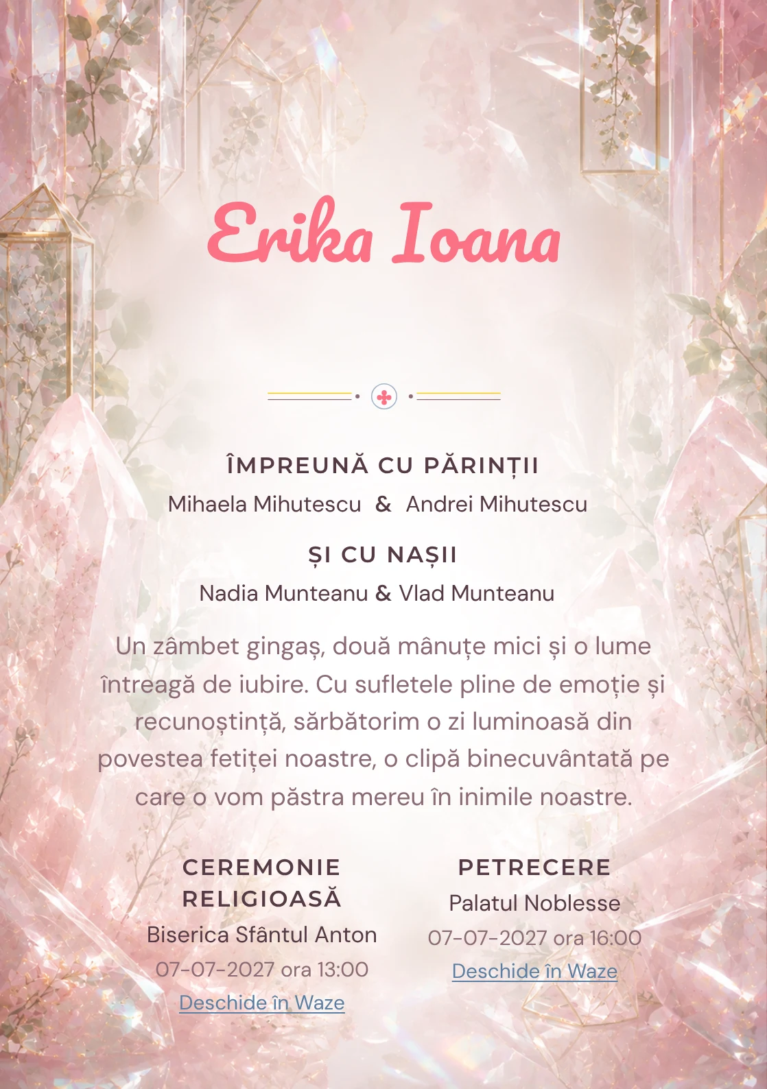 Grădina de Cuarț, pentru o invitație digitală, evidențiază un grup de cristale roz, alături de prisme.