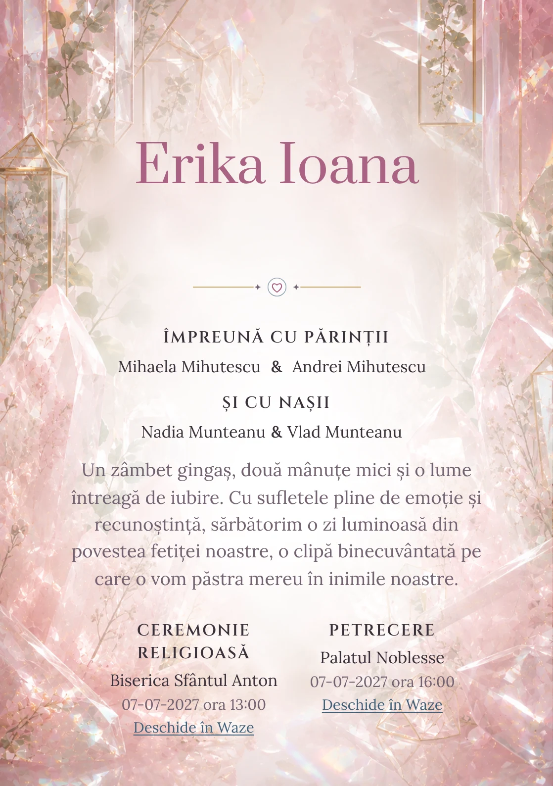Grădina de Cuarț, pentru o invitație digitală, evidențiază un grup de cristale roz, alături de prisme.
