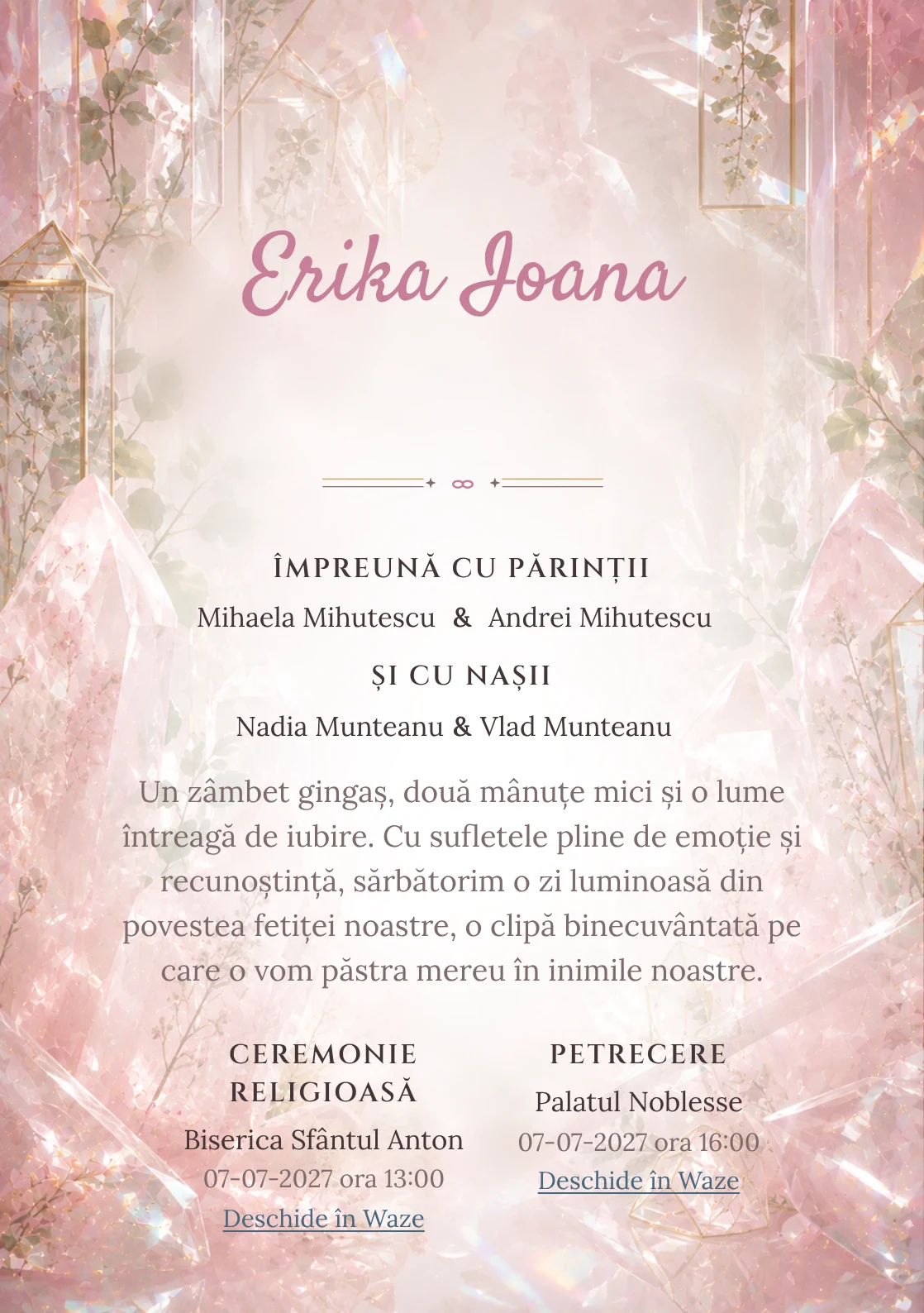 Grădina de Cuarț, pentru o invitație digitală, evidențiază un grup de cristale roz, alături de prisme.