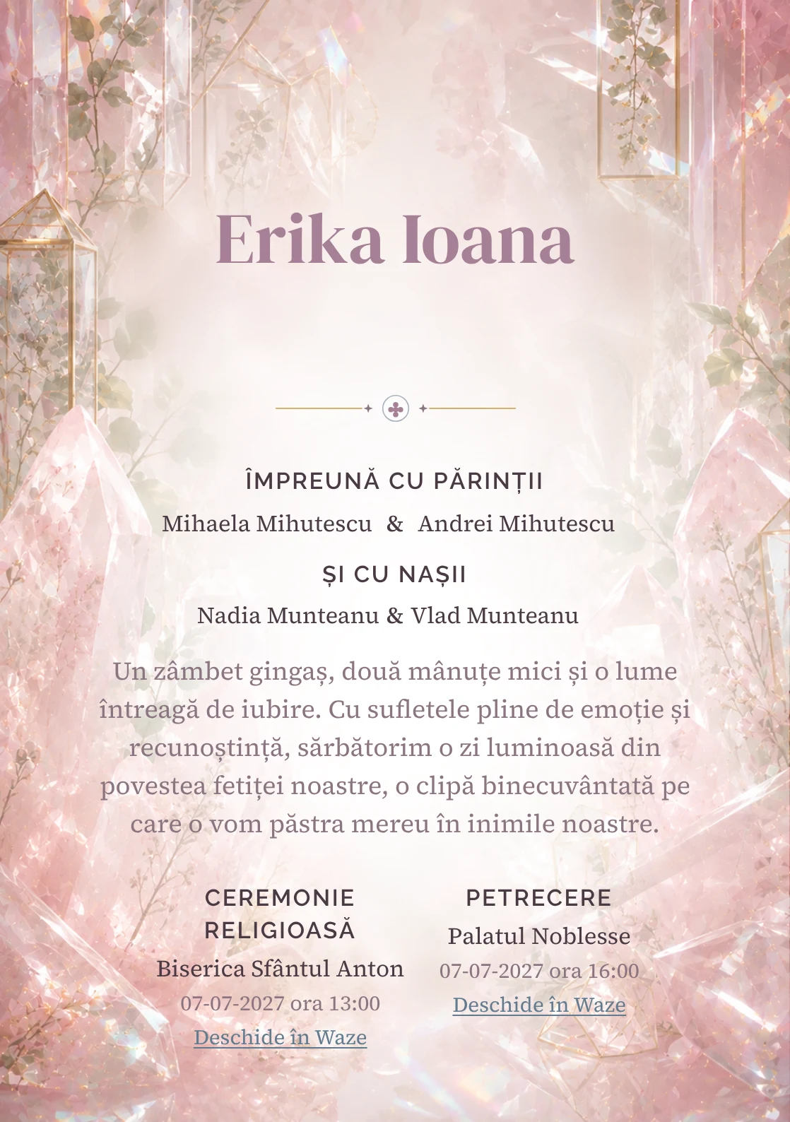 Grădina de Cuarț, pentru o invitație digitală, evidențiază un grup de cristale roz, alături de prisme.