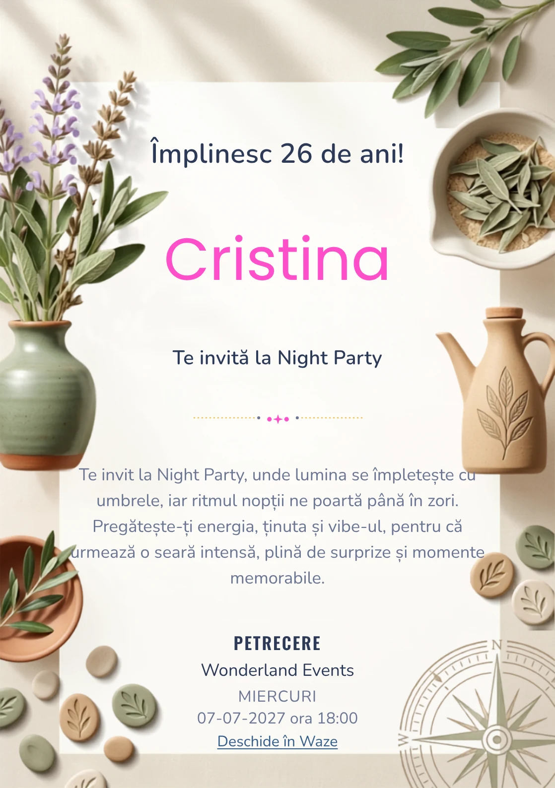 Grădina de Salvie este un model de invitații digitale pentru o aniversare adultă, definit vizual de un grup de ramuri de salvie și ceramică simplă.