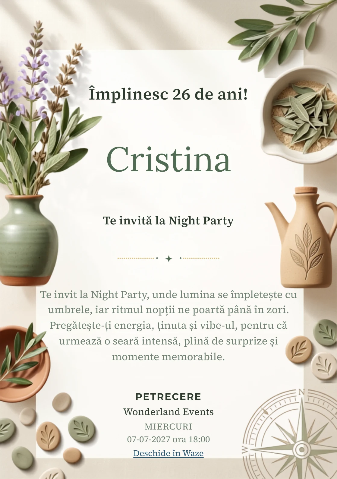 Grădina de Salvie este un model de invitații digitale pentru o aniversare adultă, definit vizual de un grup de ramuri de salvie și ceramică simplă.
