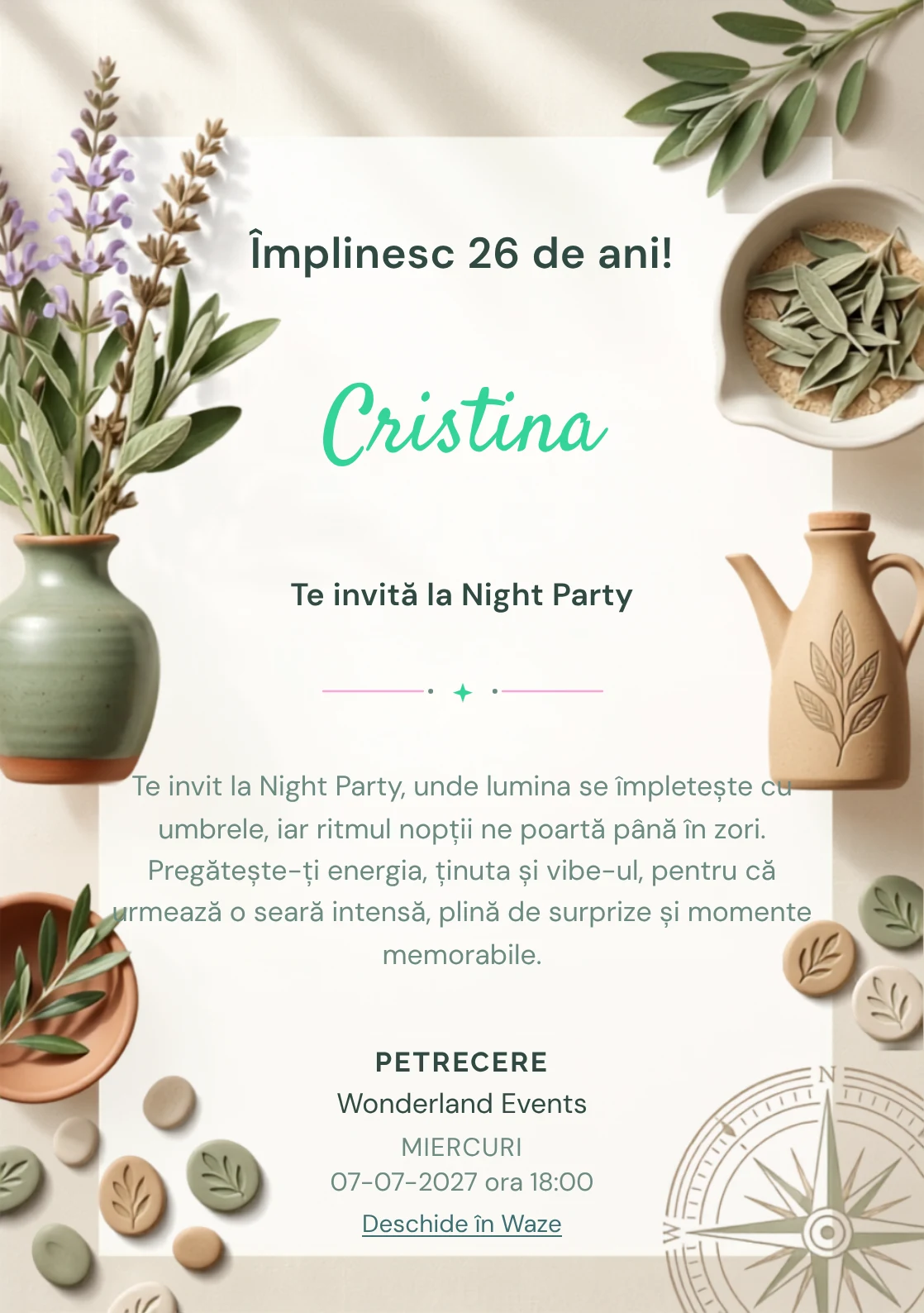Grădina de Salvie este un model de invitații digitale pentru o aniversare adultă, definit vizual de un grup de ramuri de salvie și ceramică simplă.