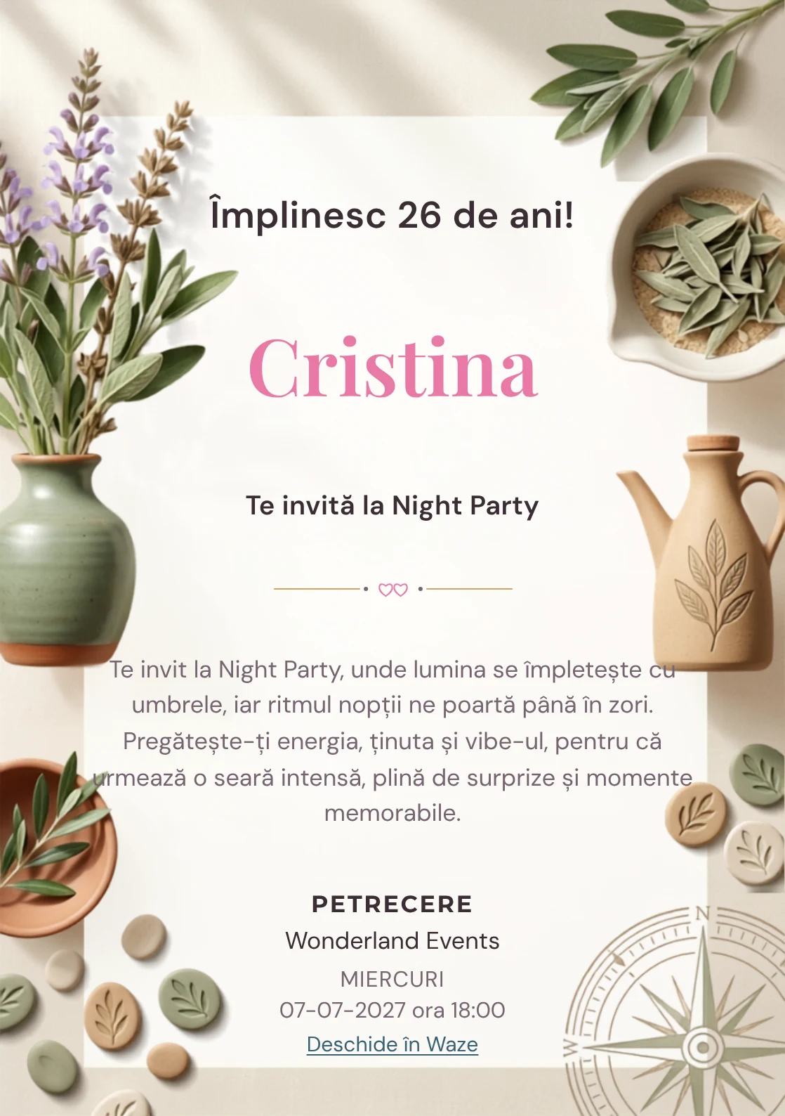 Grădina de Salvie este un model de invitații digitale pentru o aniversare adultă, definit vizual de un grup de ramuri de salvie și ceramică simplă.