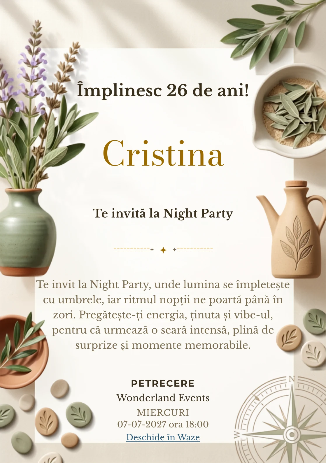 Grădina de Salvie este un model de invitații digitale pentru o aniversare adultă, definit vizual de un grup de ramuri de salvie și ceramică simplă.