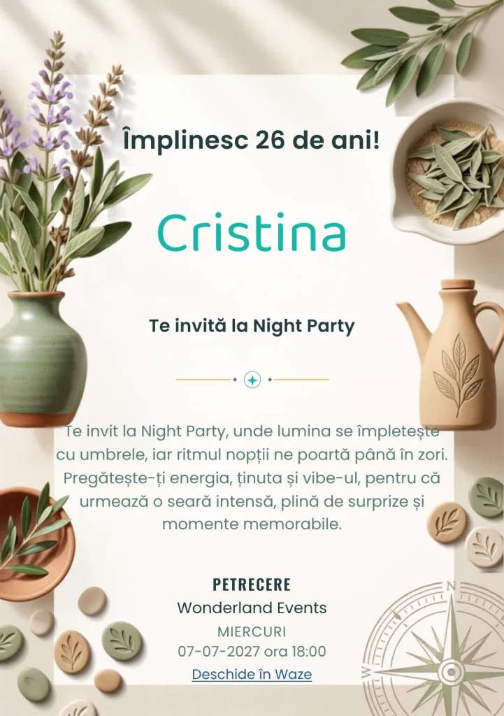 Grădina de Salvie este un model de invitații digitale pentru o aniversare adultă, definit vizual de un grup de ramuri de salvie și ceramică simplă.