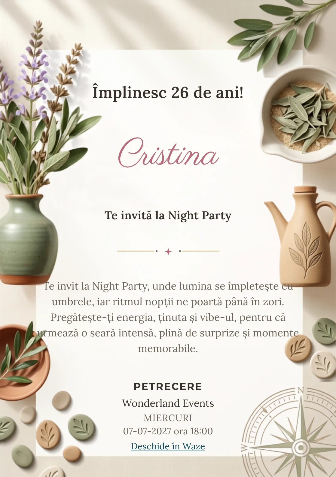 Grădina de Salvie este un model de invitații digitale pentru o aniversare adultă, definit vizual de un grup de ramuri de salvie și ceramică simplă.