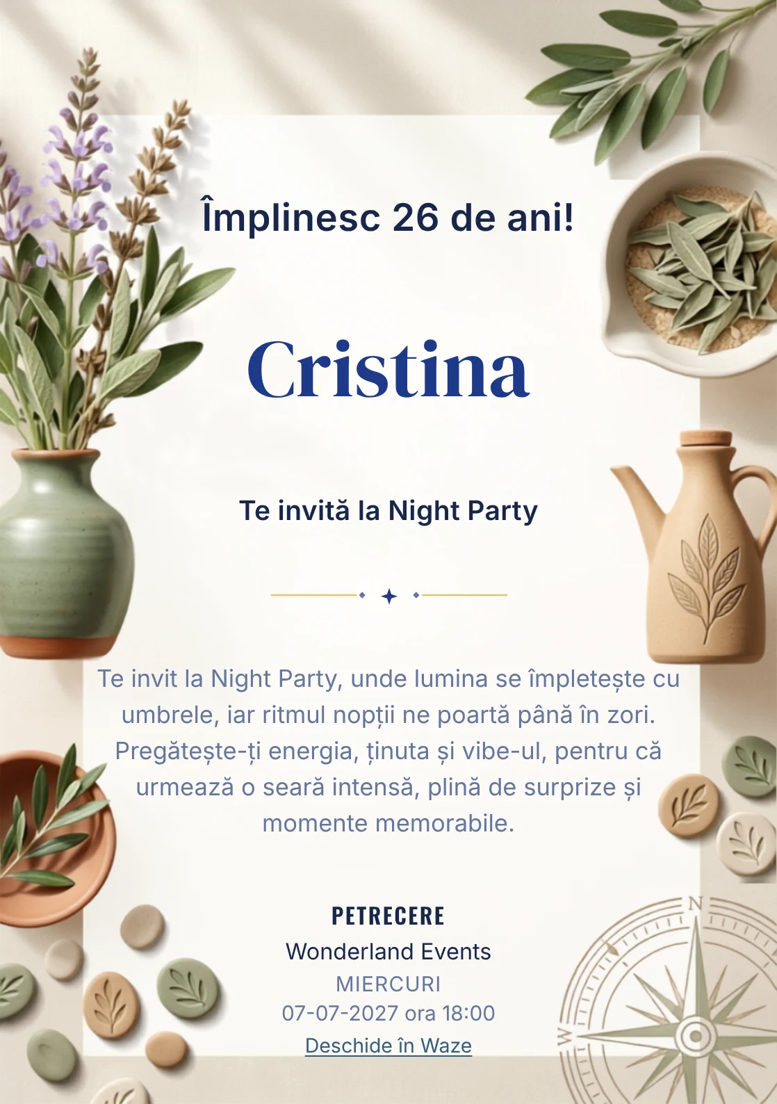 Grădina de Salvie este un model de invitații digitale pentru o aniversare adultă, definit vizual de un grup de ramuri de salvie și ceramică simplă.