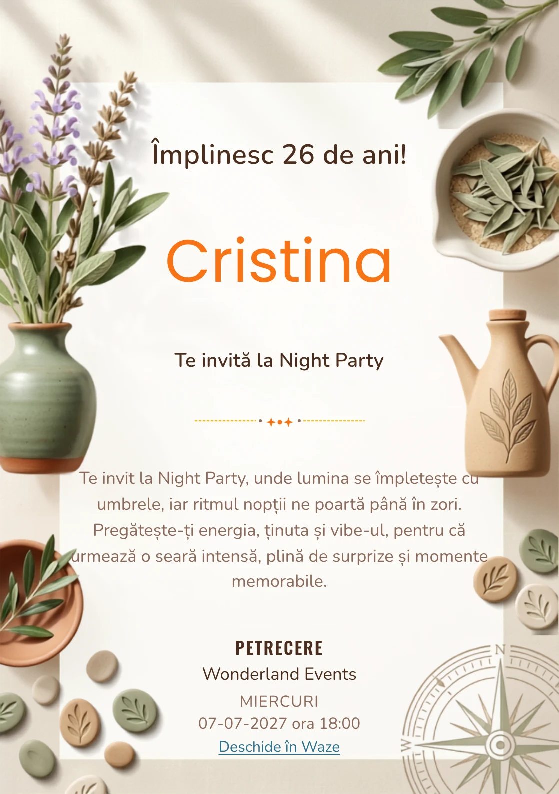 Grădina de Salvie este un model de invitații digitale pentru o aniversare adultă, definit vizual de un grup de ramuri de salvie și ceramică simplă.