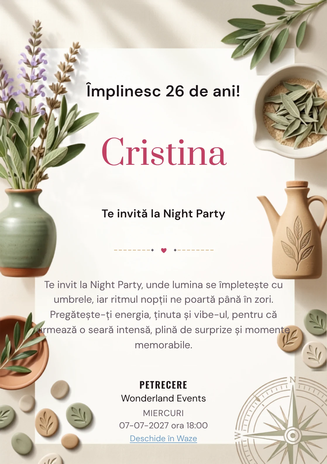 Grădina de Salvie este un model de invitații digitale pentru o aniversare adultă, definit vizual de un grup de ramuri de salvie și ceramică simplă.