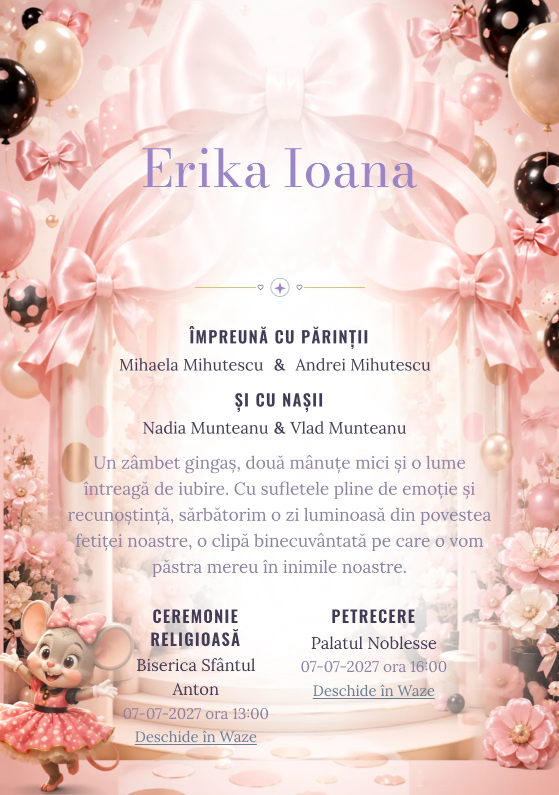 Grădina lui Minnie, din gama de invitații botez fetiță, are ca reper vizual Minnie Mouse într-un pavilion; compoziția include buline satinate.