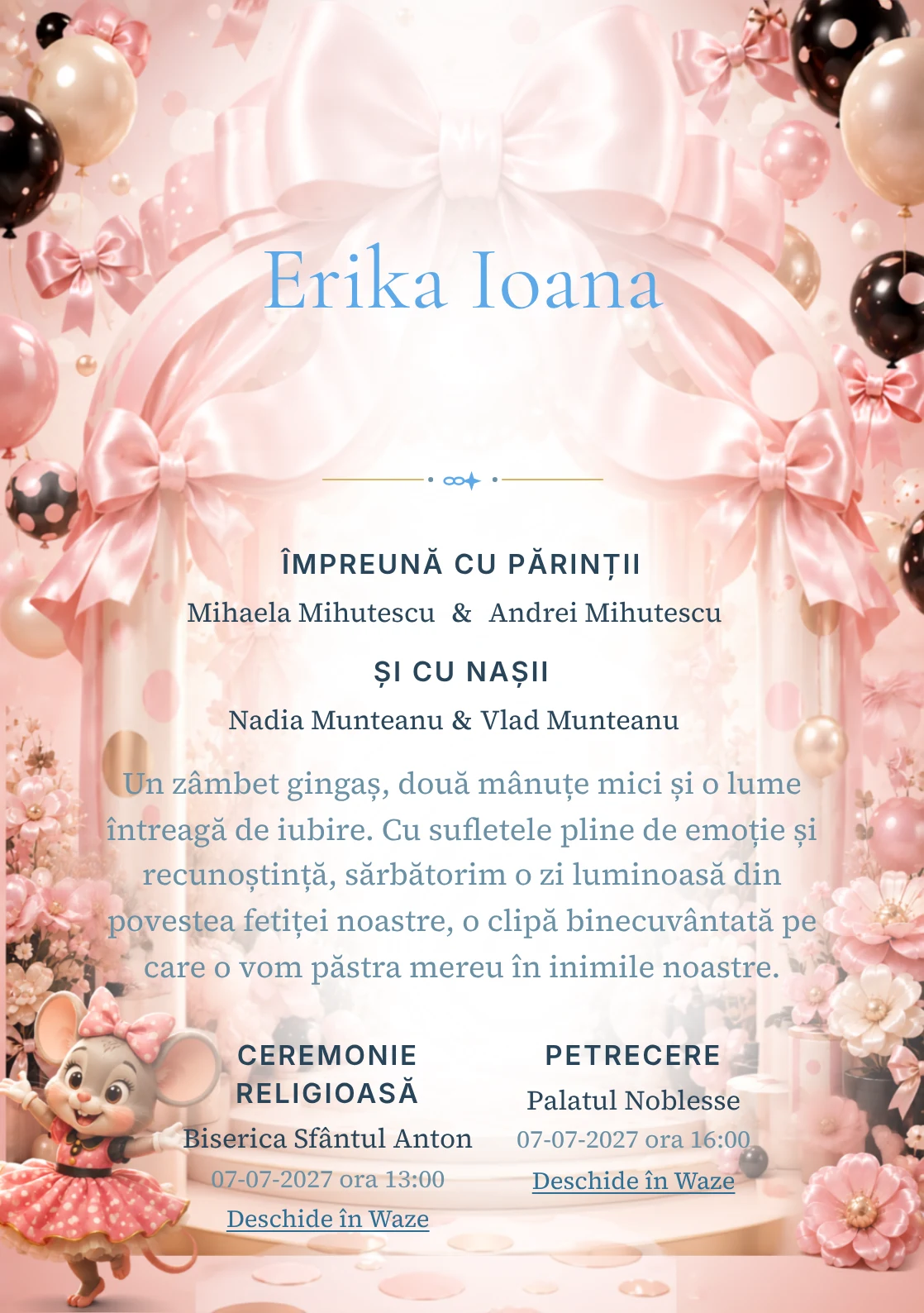 Grădina lui Minnie, din gama de invitații botez fetiță, are ca reper vizual Minnie Mouse într-un pavilion; compoziția include buline satinate.
