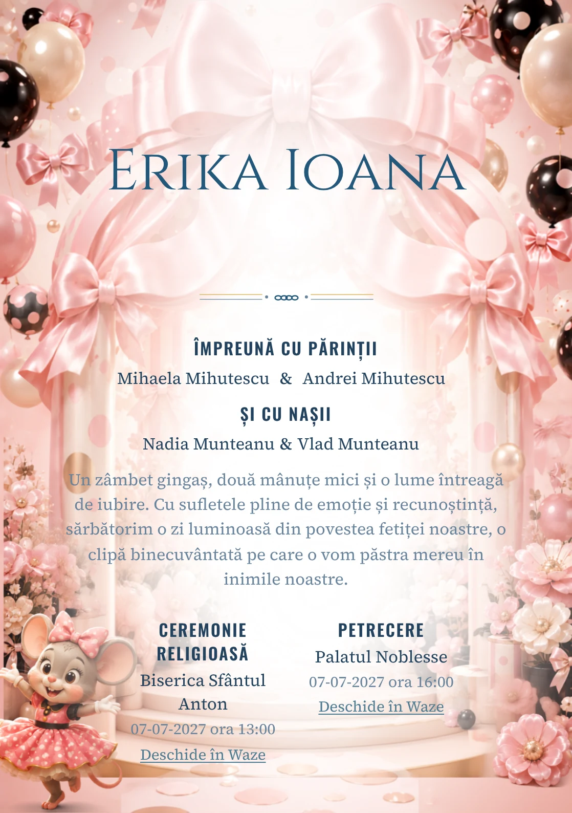 Grădina lui Minnie, din gama de invitații botez fetiță, are ca reper vizual Minnie Mouse într-un pavilion; compoziția include buline satinate.
