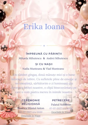 Grădina lui Minnie, din gama de invitații botez fetiță, are ca reper vizual Minnie Mouse într-un pavilion; compoziția include buline satinate.