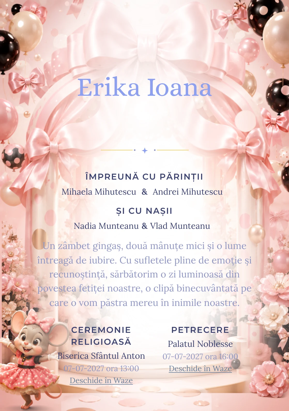 Grădina lui Minnie, din gama de invitații botez fetiță, are ca reper vizual Minnie Mouse într-un pavilion; compoziția include buline satinate.