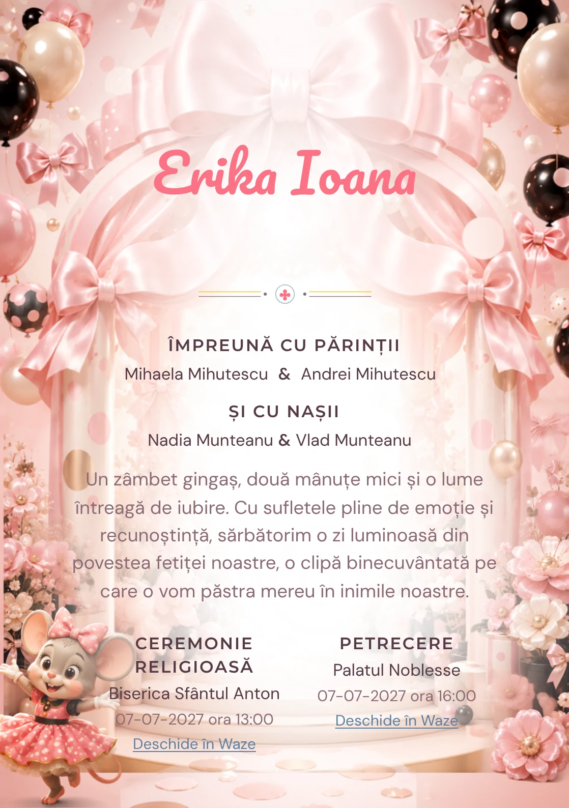 Grădina lui Minnie, din gama de invitații botez fetiță, are ca reper vizual Minnie Mouse într-un pavilion; compoziția include buline satinate.