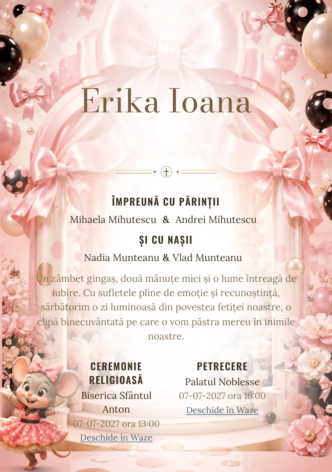 Grădina lui Minnie, din gama de invitații botez fetiță, are ca reper vizual Minnie Mouse într-un pavilion; compoziția include buline satinate.