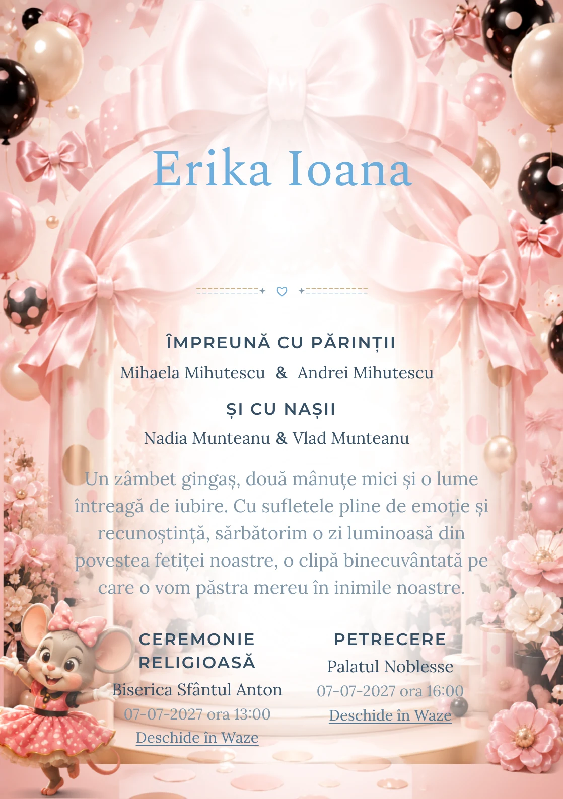 Grădina lui Minnie, din gama de invitații botez fetiță, are ca reper vizual Minnie Mouse într-un pavilion; compoziția include buline satinate.