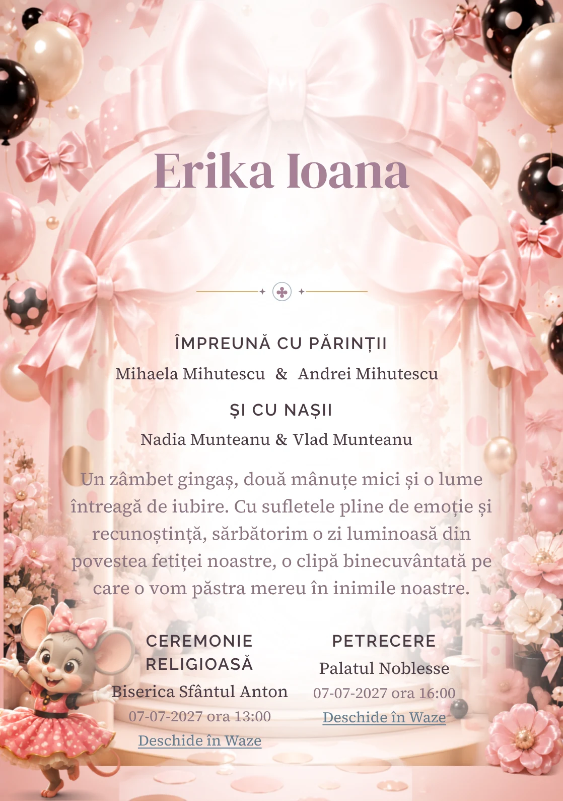 Grădina lui Minnie, din gama de invitații botez fetiță, are ca reper vizual Minnie Mouse într-un pavilion; compoziția include buline satinate.