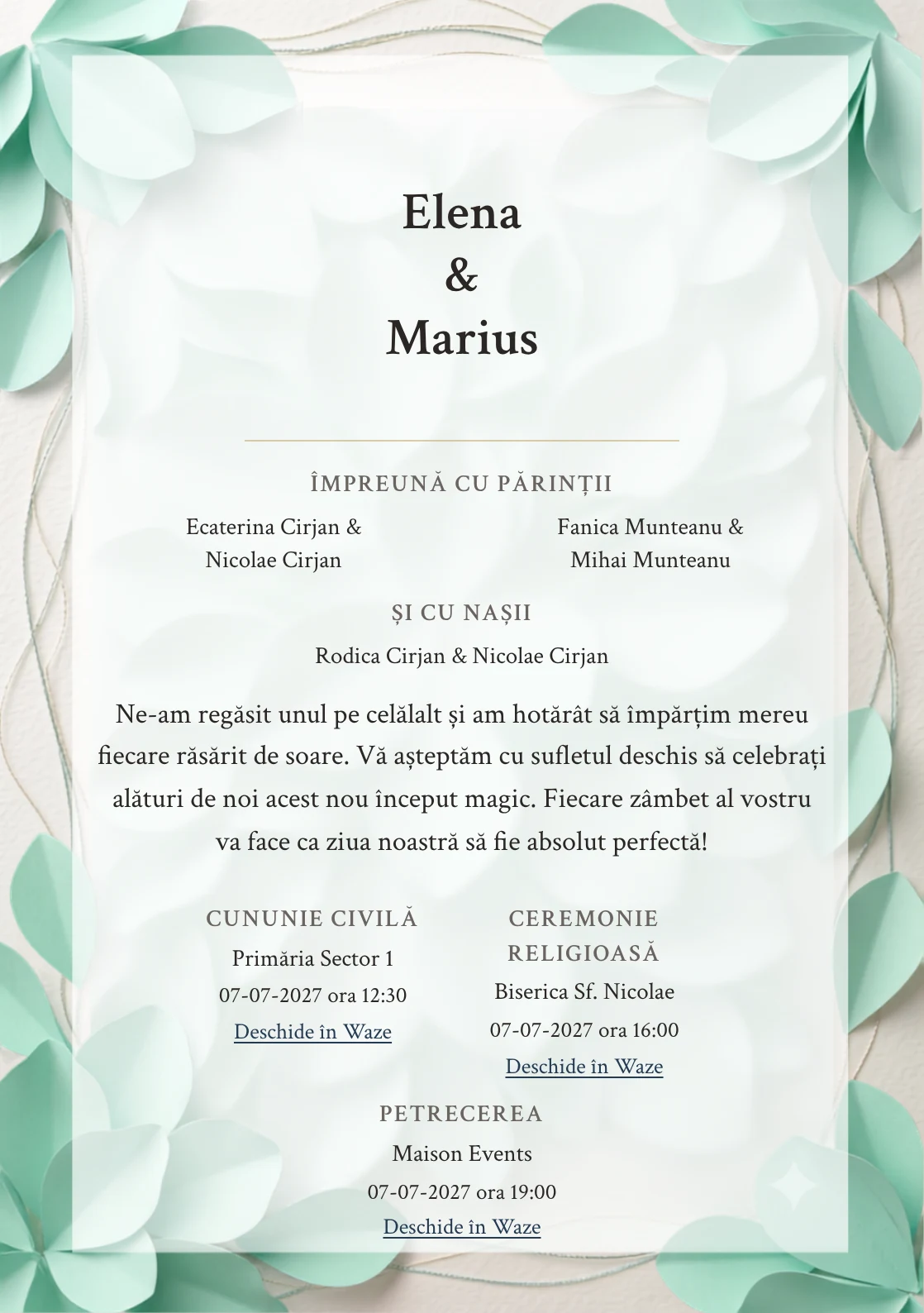 Fundalul Grădina Sculptată, pentru invitații de nuntă, se remarcă prin petale tridimensionale mentă și accente de ivory relief, verde mentă pudrat și piersică albicioasă.