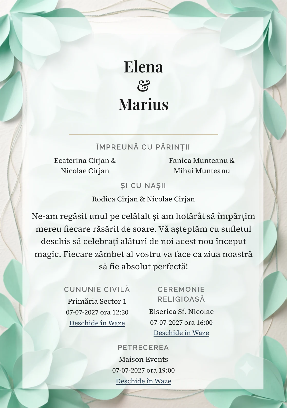 Fundalul Grădina Sculptată, pentru invitații de nuntă, se remarcă prin petale tridimensionale mentă și accente de ivory relief, verde mentă pudrat și piersică albicioasă.