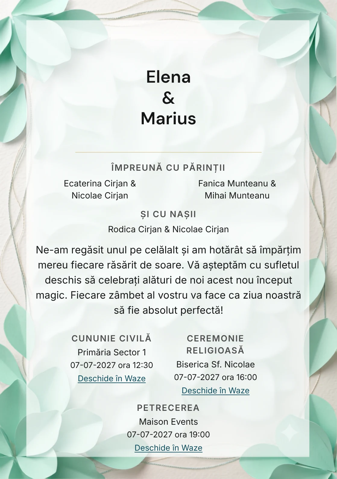 Fundalul Grădina Sculptată, pentru invitații de nuntă, se remarcă prin petale tridimensionale mentă și accente de ivory relief, verde mentă pudrat și piersică albicioasă.