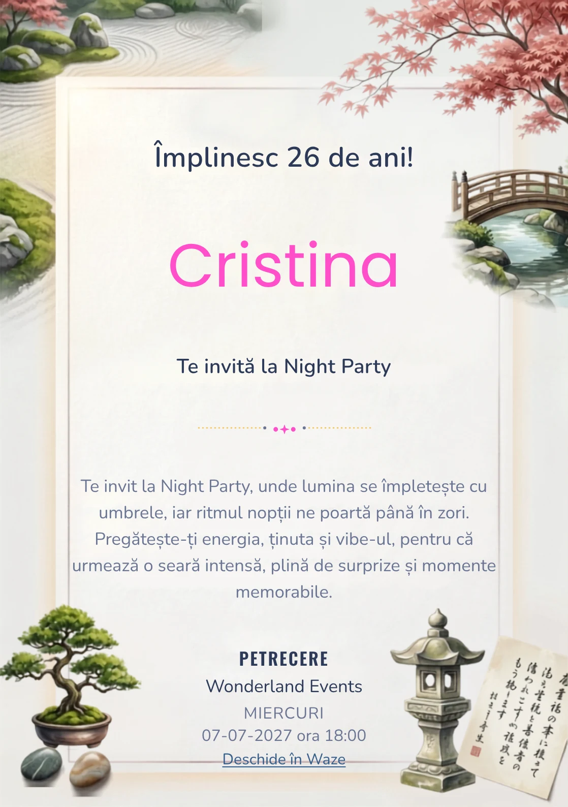 Grădini Japoneze Originale este un model de invitații digitale de zi de naștere, definit vizual de pietre, arțar și un pod simplu.