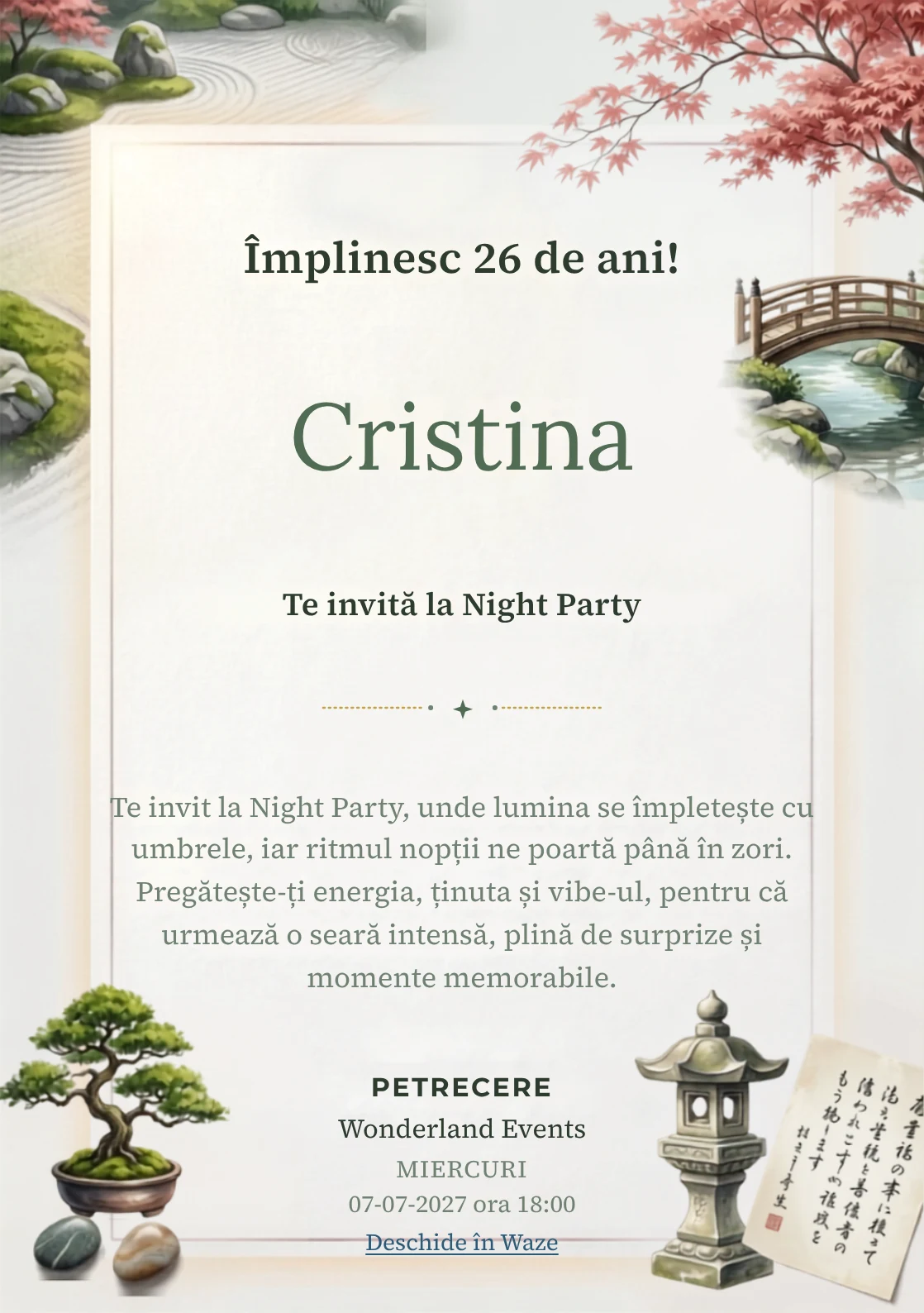 Grădini Japoneze Originale este un model de invitații digitale de zi de naștere, definit vizual de pietre, arțar și un pod simplu.