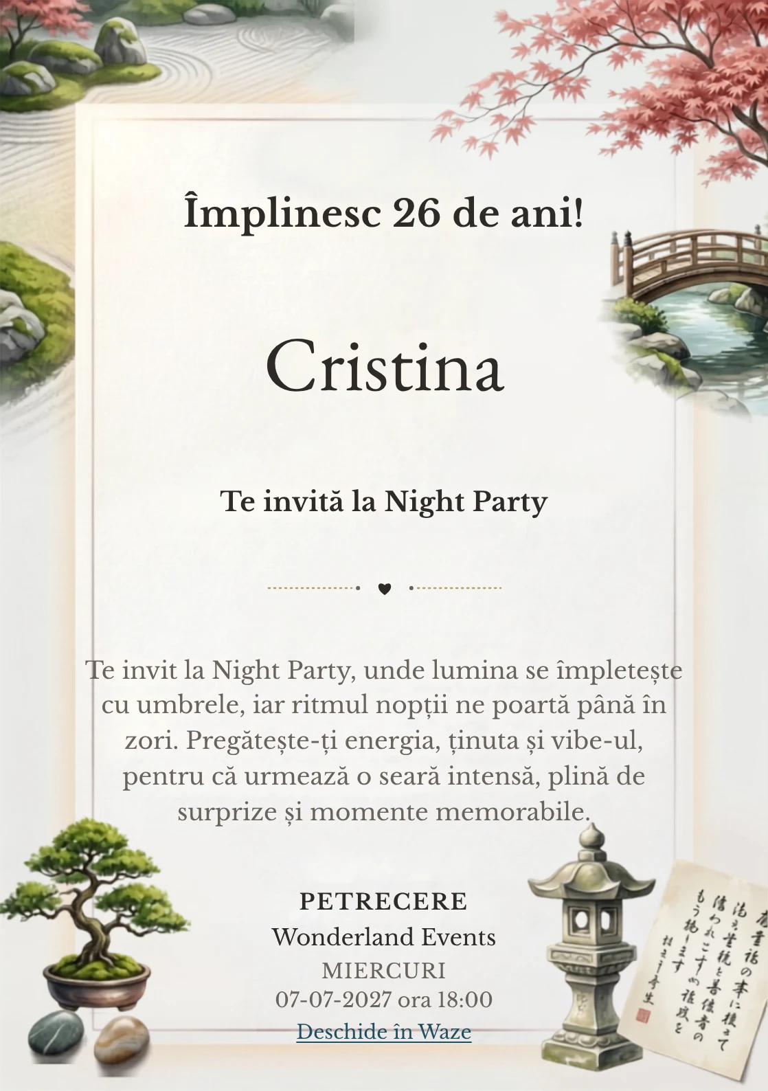 Grădini Japoneze Originale este un model de invitații digitale de zi de naștere, definit vizual de pietre, arțar și un pod simplu.