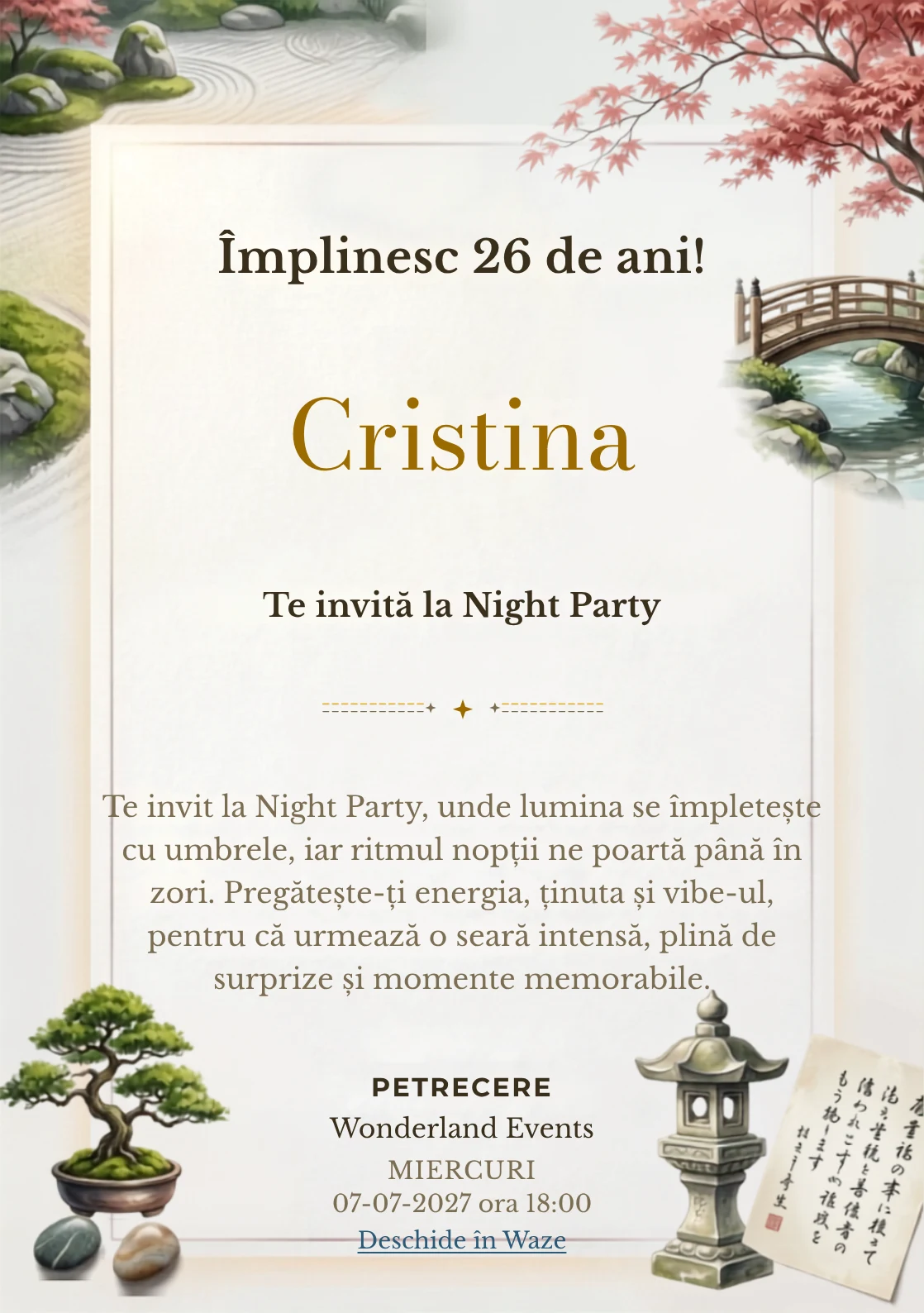 Grădini Japoneze Originale este un model de invitații digitale de zi de naștere, definit vizual de pietre, arțar și un pod simplu.