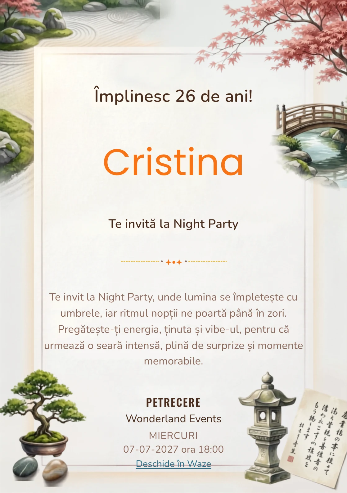 Grădini Japoneze Originale este un model de invitații digitale de zi de naștere, definit vizual de pietre, arțar și un pod simplu.