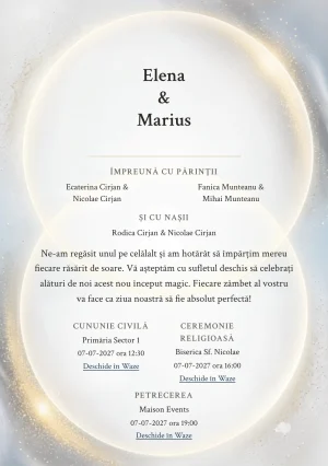 Fundalul Halouri Îngemănate, pentru invitații de nuntă, se remarcă prin două halouri parțial suprapuse și accente de alb halo, auriu solar pal și bleu aer.