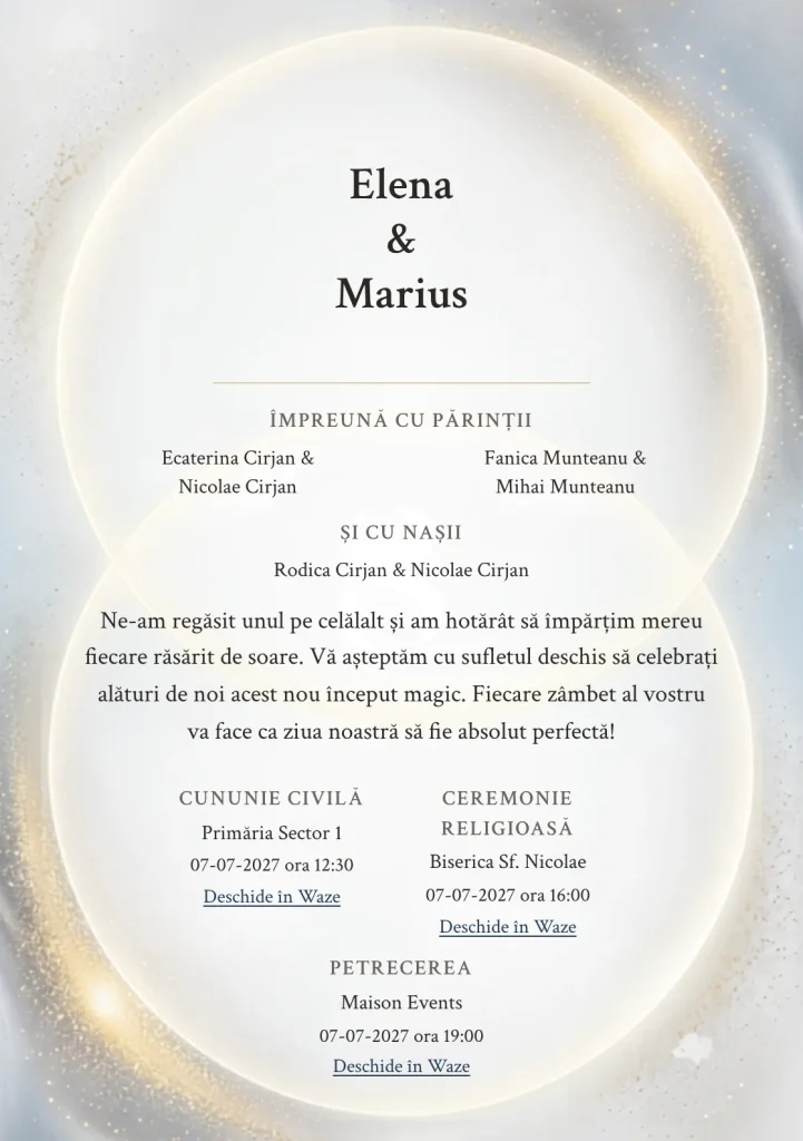 Fundalul Halouri Îngemănate, pentru invitații de nuntă, se remarcă prin două halouri parțial suprapuse și accente de alb halo, auriu solar pal și bleu aer.