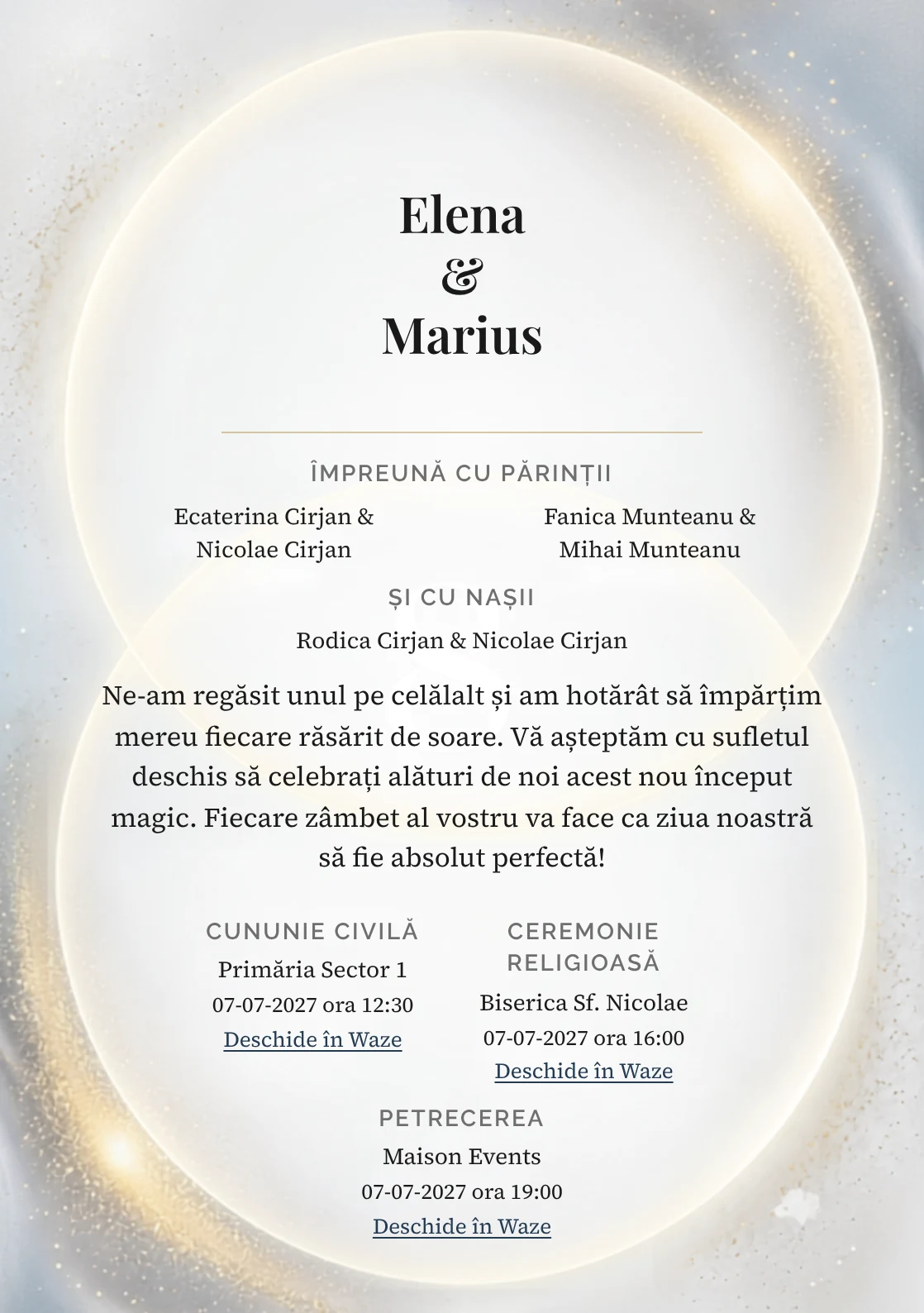 Fundalul Halouri Îngemănate, pentru invitații de nuntă, se remarcă prin două halouri parțial suprapuse și accente de alb halo, auriu solar pal și bleu aer.