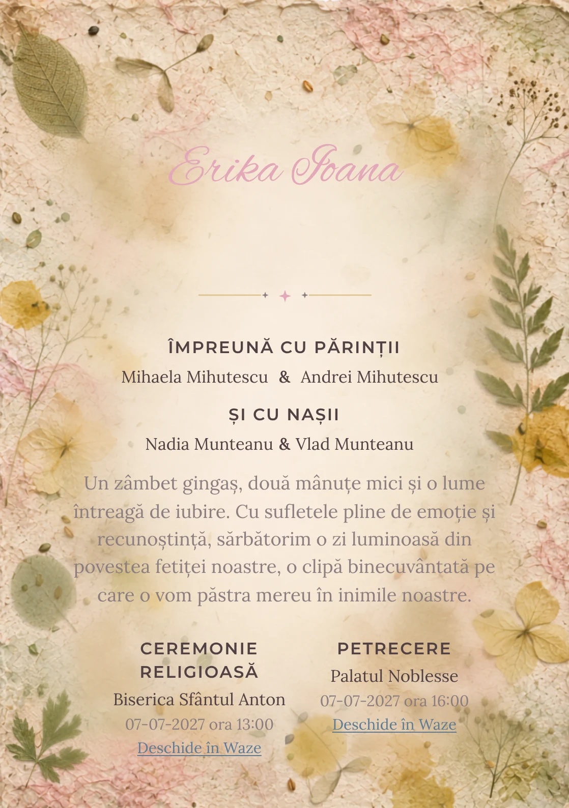 Designul Hârtie cu Semințe, din gama de invitații digitale botez, reunește o foaie amplă cu semințe cu fibre.