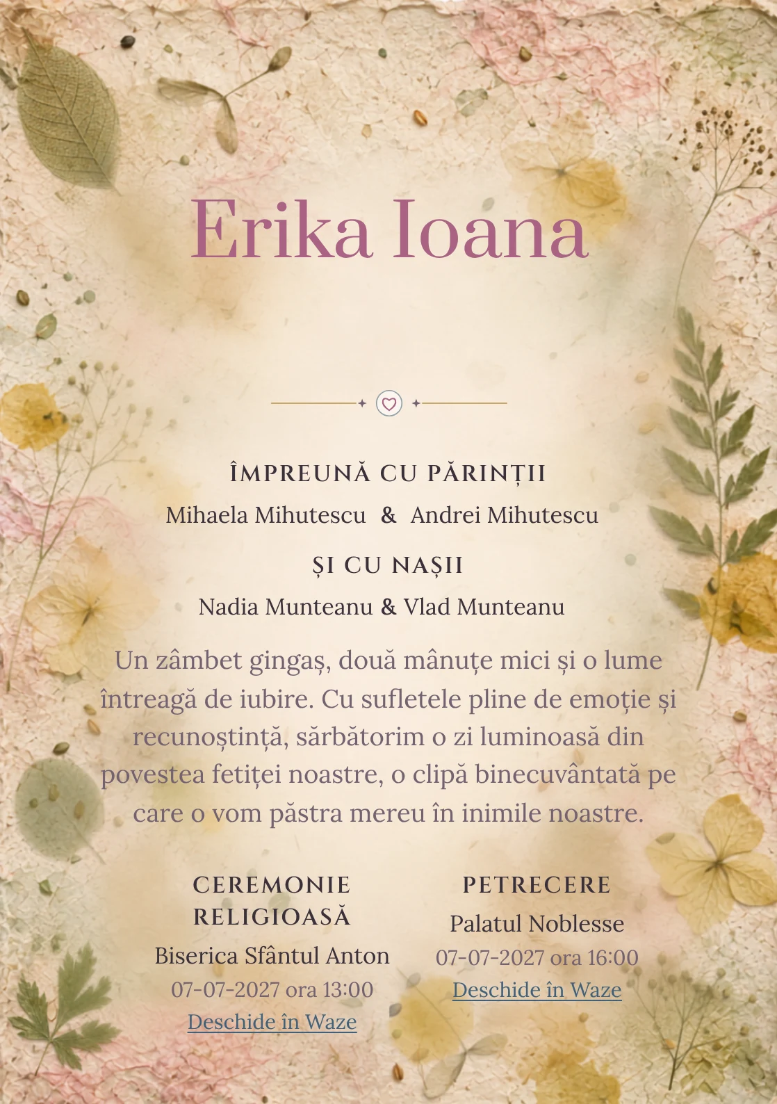 Designul Hârtie cu Semințe, din gama de invitații digitale botez, reunește o foaie amplă cu semințe cu fibre.