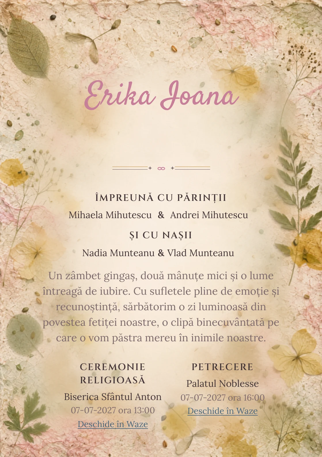 Designul Hârtie cu Semințe, din gama de invitații digitale botez, reunește o foaie amplă cu semințe cu fibre.