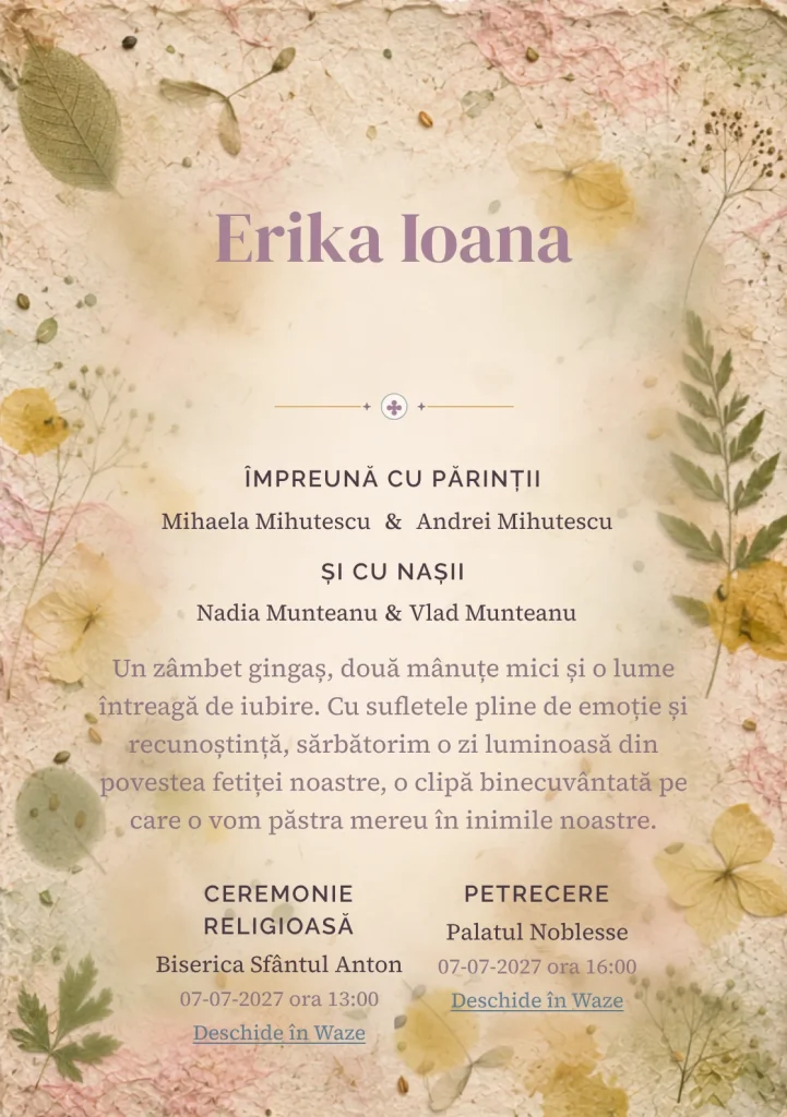 Designul Hârtie cu Semințe, din gama de invitații digitale botez, reunește o foaie amplă cu semințe cu fibre.