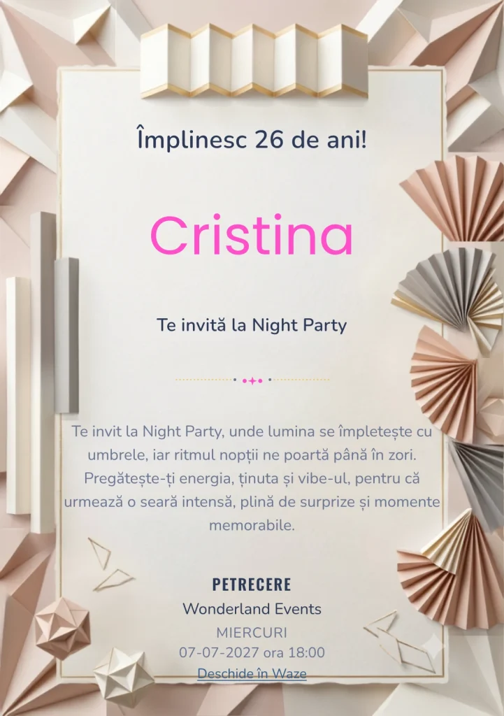 Hârtie Plisată este un model de invitații digitale pentru o aniversare adultă, definit vizual de evantaie abstracte și pliuri.