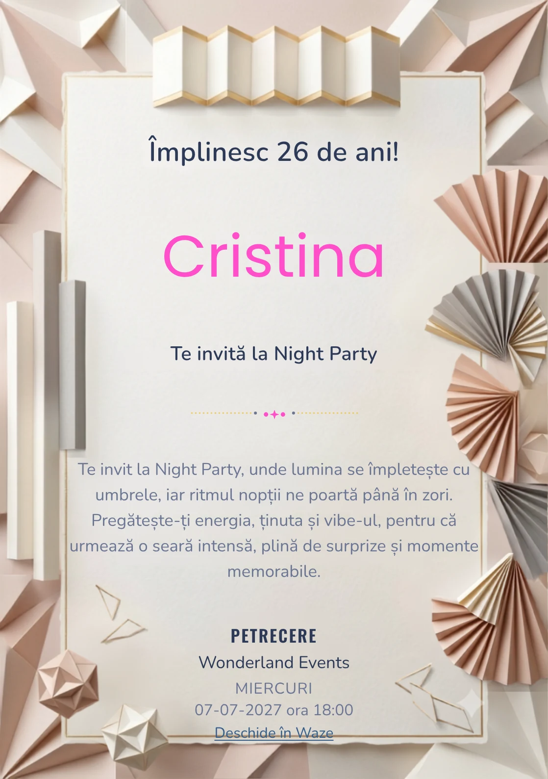 Hârtie Plisată este un model de invitații digitale pentru o aniversare adultă, definit vizual de evantaie abstracte și pliuri.