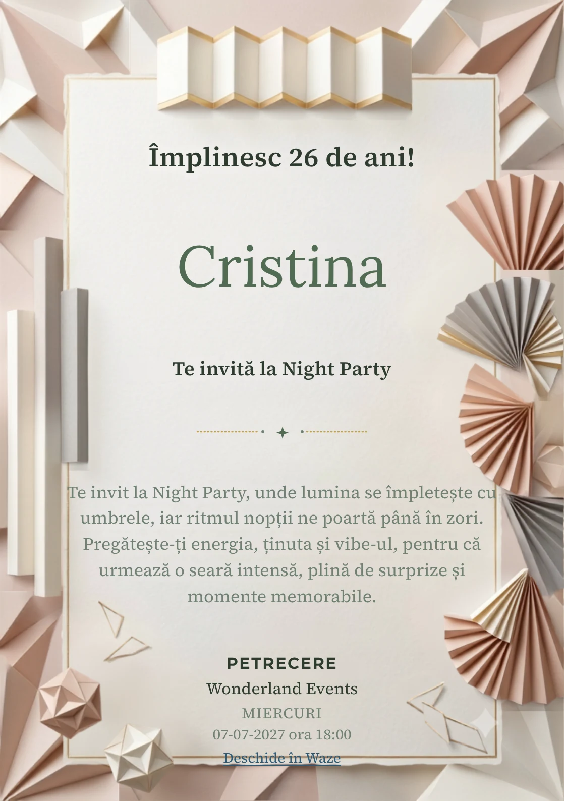 Hârtie Plisată este un model de invitații digitale pentru o aniversare adultă, definit vizual de evantaie abstracte și pliuri.