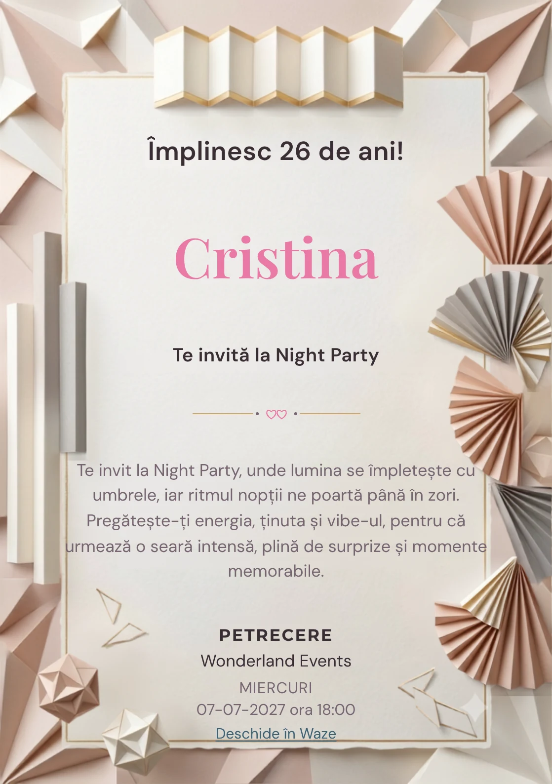 Hârtie Plisată este un model de invitații digitale pentru o aniversare adultă, definit vizual de evantaie abstracte și pliuri.