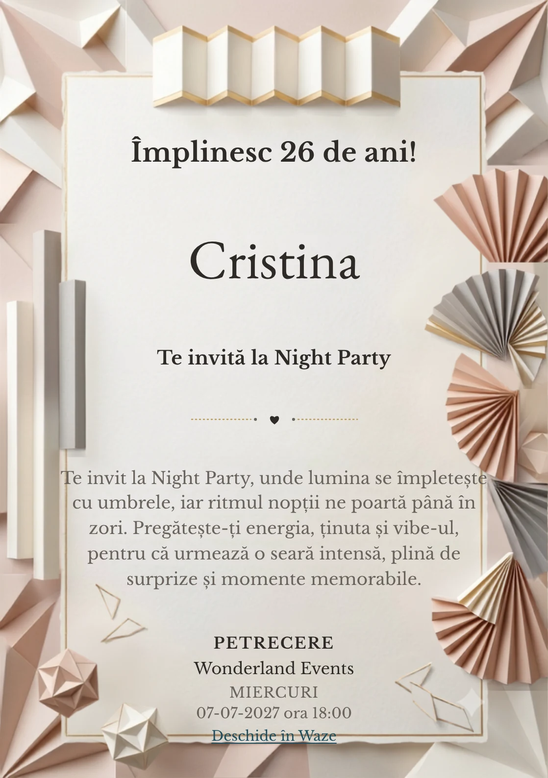 Hârtie Plisată este un model de invitații digitale pentru o aniversare adultă, definit vizual de evantaie abstracte și pliuri.