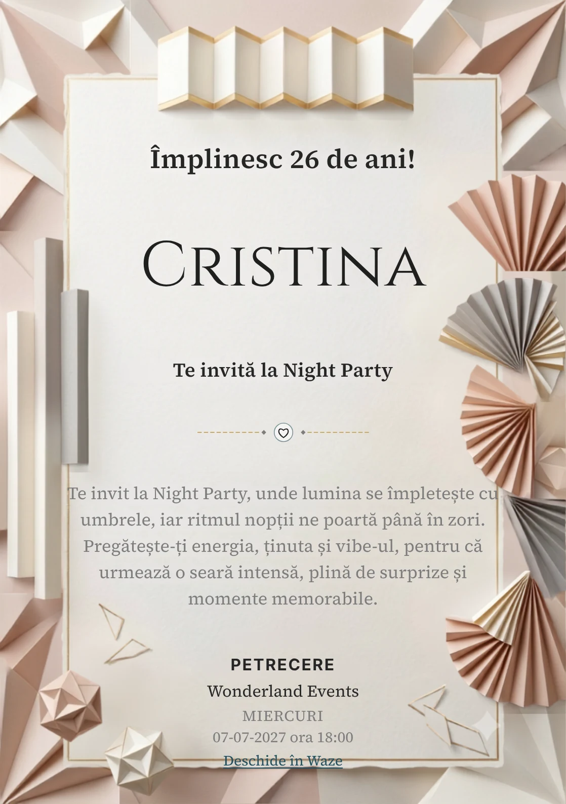 Hârtie Plisată este un model de invitații digitale pentru o aniversare adultă, definit vizual de evantaie abstracte și pliuri.