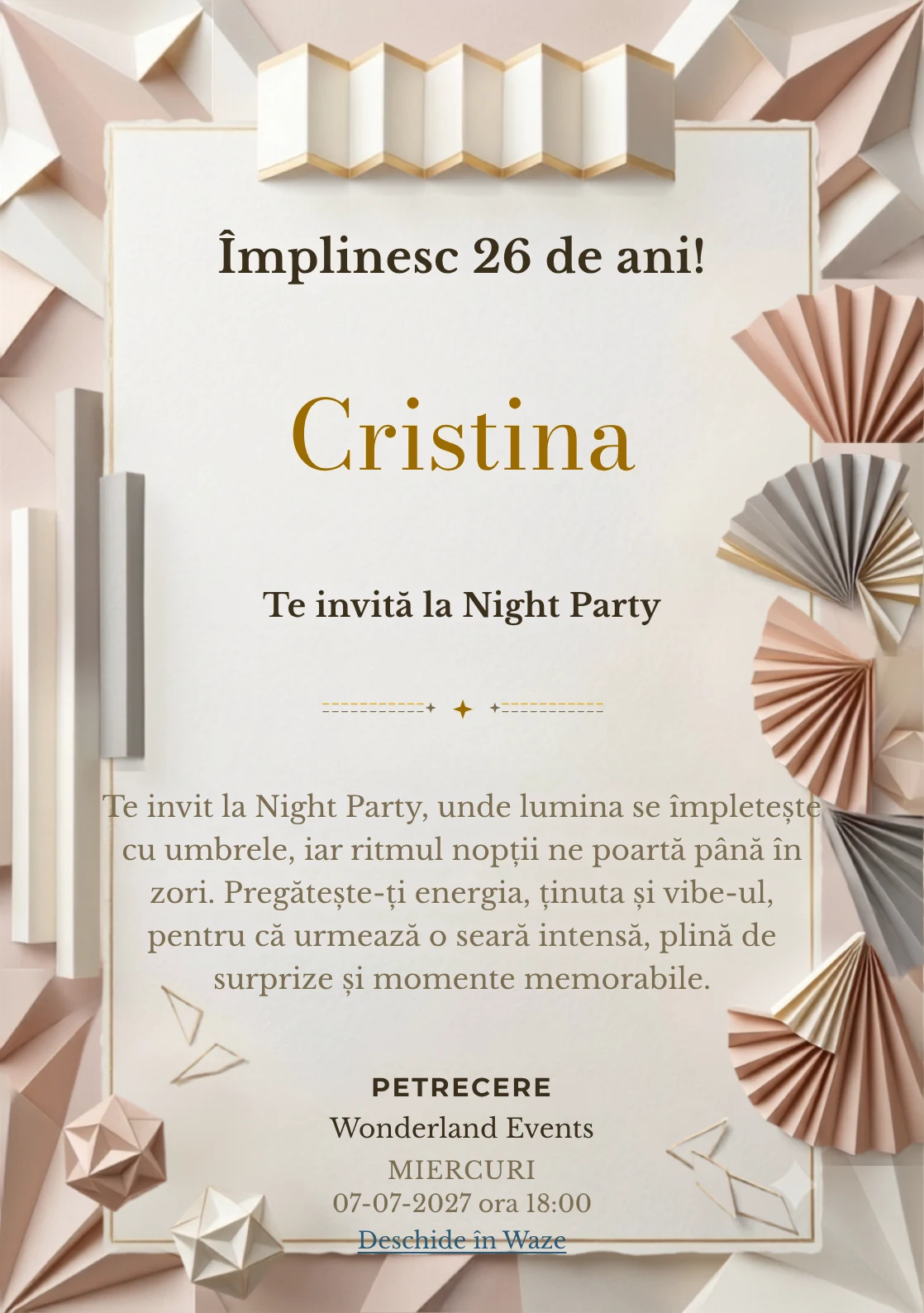 Hârtie Plisată este un model de invitații digitale pentru o aniversare adultă, definit vizual de evantaie abstracte și pliuri.