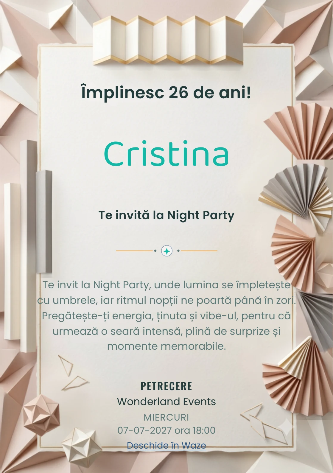 Hârtie Plisată este un model de invitații digitale pentru o aniversare adultă, definit vizual de evantaie abstracte și pliuri.