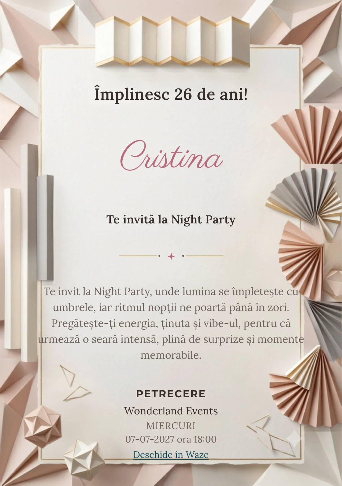 Hârtie Plisată este un model de invitații digitale pentru o aniversare adultă, definit vizual de evantaie abstracte și pliuri.
